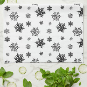 Minimalist Black Whimsical Snowflake Pattern Kitchen Towel