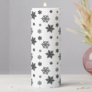 Minimalist Black Whimsical Snowflake Pattern Pillar Candle