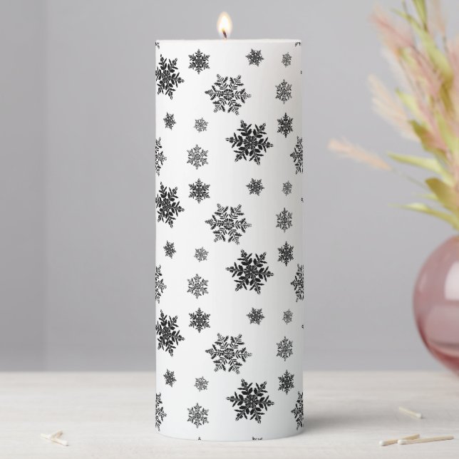 Minimalist Black Whimsical Snowflake Pattern  Pillar Candle (In Situ)
