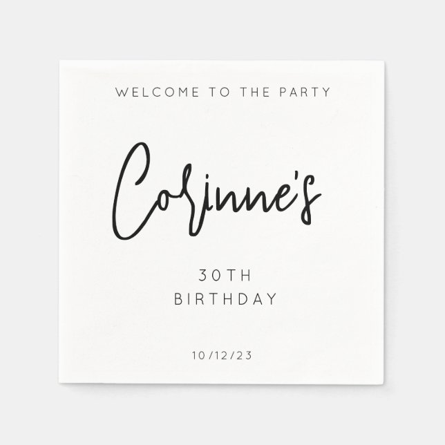 Minimalist Black White 30th Birthday Party Napkins (Front)