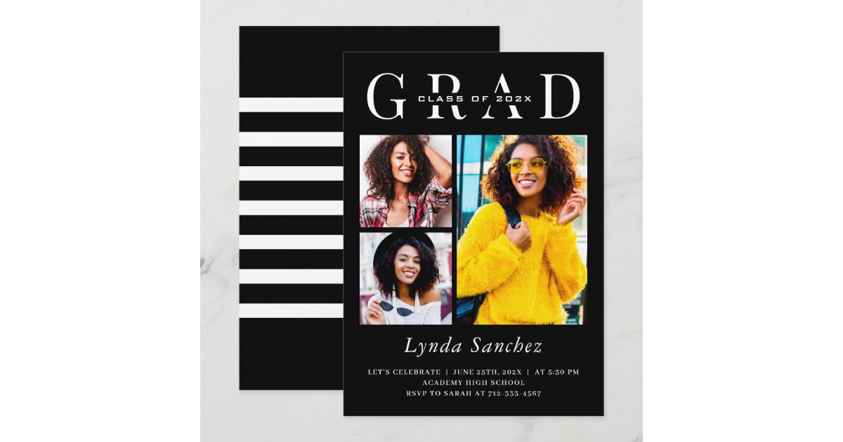 Minimalist Black White 3 Photo Graduation Invitation | Zazzle