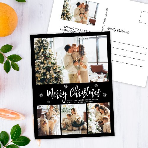 Minimalist Black White 4 Photo Collage Christmas  Postcard