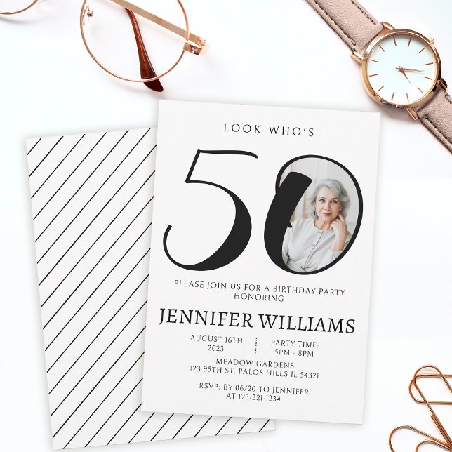 Minimalist black white 50th birthday photo invitation (Creator Uploaded)