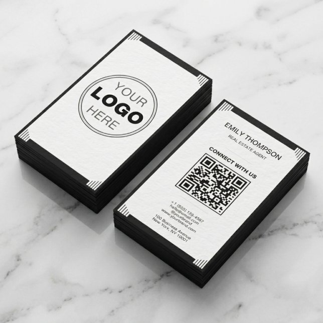 Minimalist Black White Art Deco Logo QR Code Business Card (Modern Art Deco QR Code Business Card | Minimalist Black & White Branding)