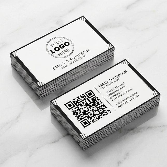 Minimalist Black White Art Deco Logo QR Code Business Card (Minimalist Art Deco Real Estate Business Card Design with QR Code)