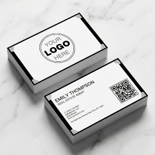 Minimalist Black White Art Deco Logo QR Code Business Card