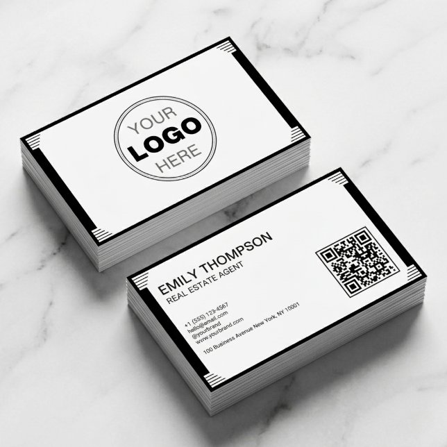 Minimalist Black White Art Deco Logo QR Code Business Card (Modern Minimalist Real Estate Business Card with QR Code | Art Deco Branding)
