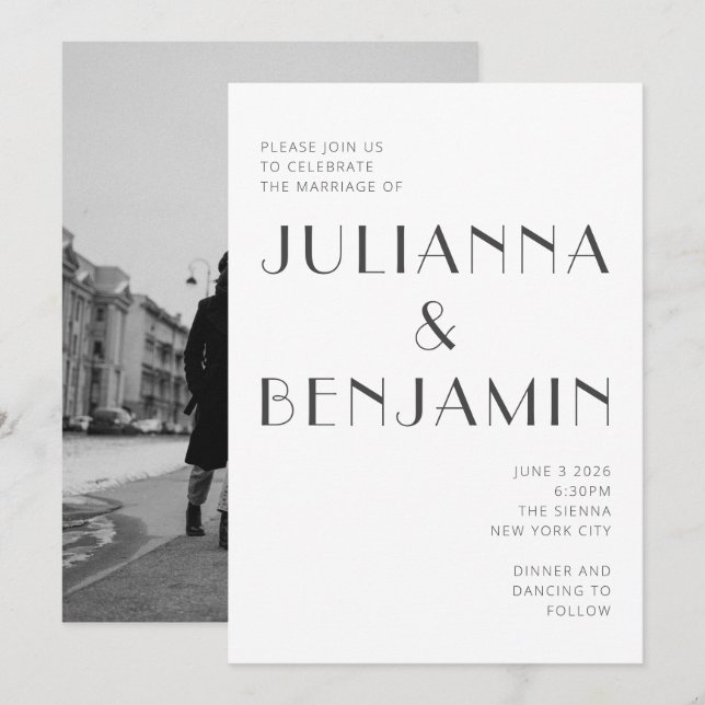 Minimalist Black White Art Deco Photo Wedding Invitation (Front/Back)