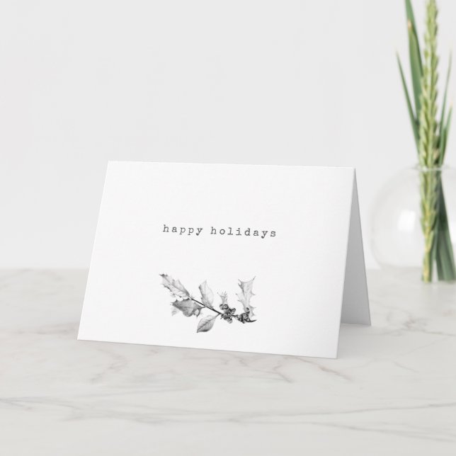 Minimalist Black White Art Drawing Holly Branch Holiday Card (Front)