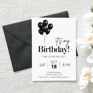 Minimalist Black & White Balloon Birthday Invitation