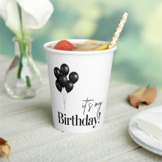 Minimalist Black & White Balloon Birthday Party Paper Cups
