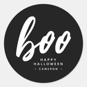 Minimalist Black White Boo Halloween Round Sticker