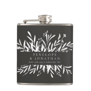 Minimalist Black White Botanical Custom Wedding Flask