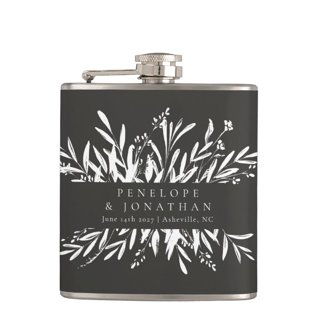 Minimalist Black White Botanical Custom Wedding   Flask (Front)