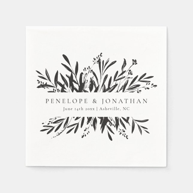 Minimalist Black White Botanical Custom Wedding  Napkins (Front)