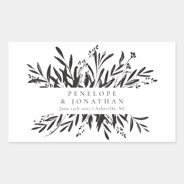 Minimalist Black White Botanical Custom Wedding Rectangular Sticker (Front)