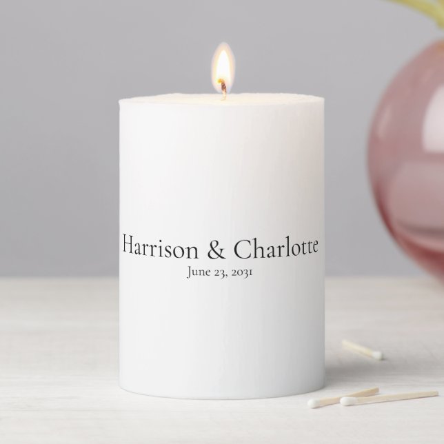 Minimalist black white bride and groom name date pillar candle (In Situ)