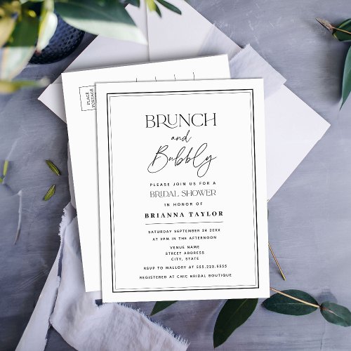 Minimalist Black White Brunch  Bubbly Invitation Postcard