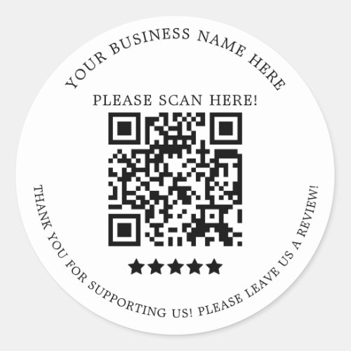 Minimalist Black white Business Name QR Code Classic Round Sticker