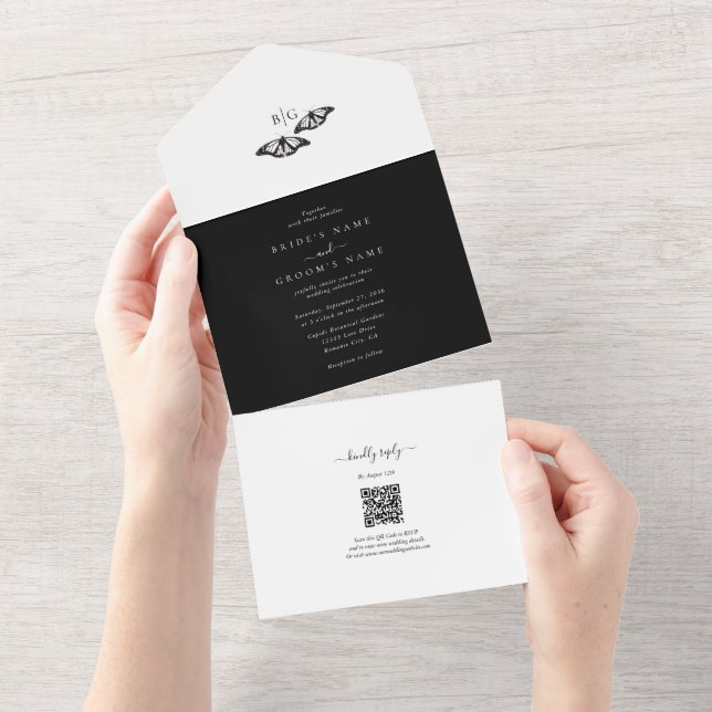 Minimalist Black White Butterfly Monogram Wedding All In One Invitation (Tearaway)