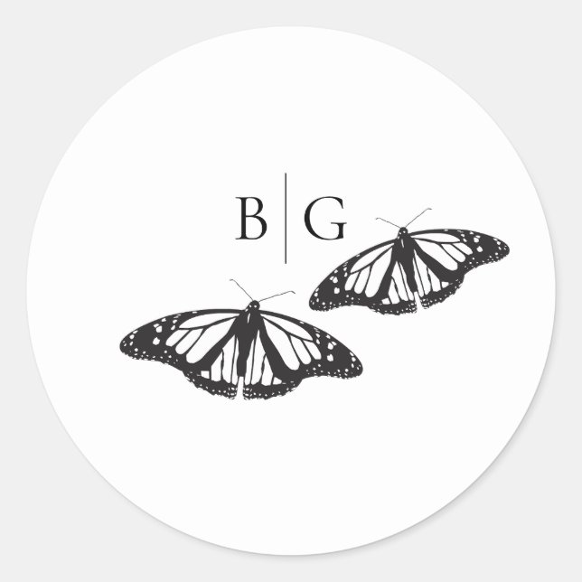 Minimalist Black White Butterfly Monogram Wedding Classic Round Sticker (Front)