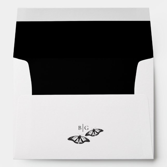 Minimalist Black White Butterfly Monogram Wedding Envelope (Back (Bottom))