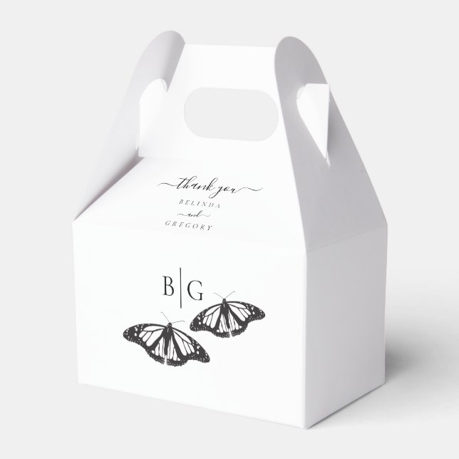 Minimalist Black White Butterfly Monogram Wedding Favor Boxes (Front Side)