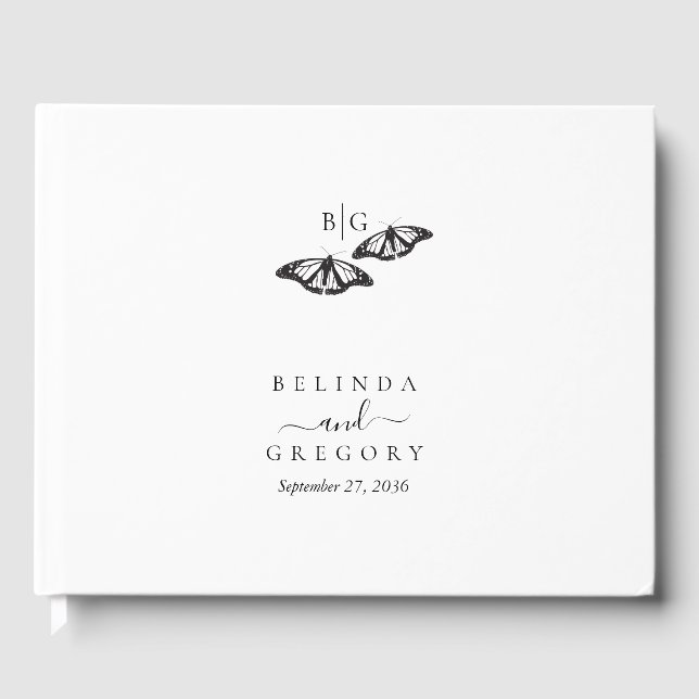Minimalist Black White Butterfly Monogram Wedding Guest Book (Front)