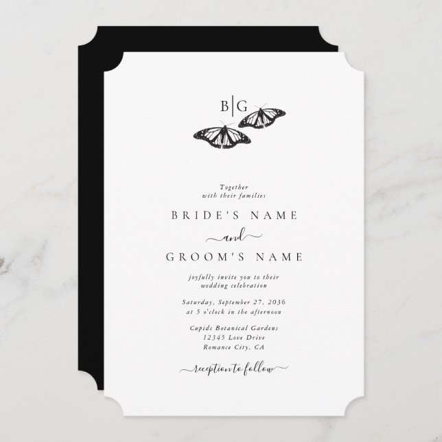 Minimalist Black White Butterfly Monogram Wedding Invitation (Front/Back)