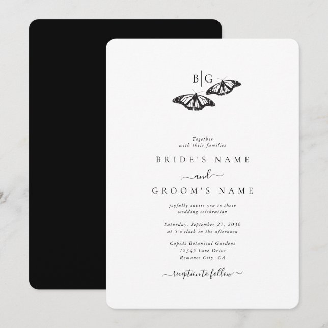 Minimalist Black White Butterfly Monogram Wedding Invitation (Front/Back)