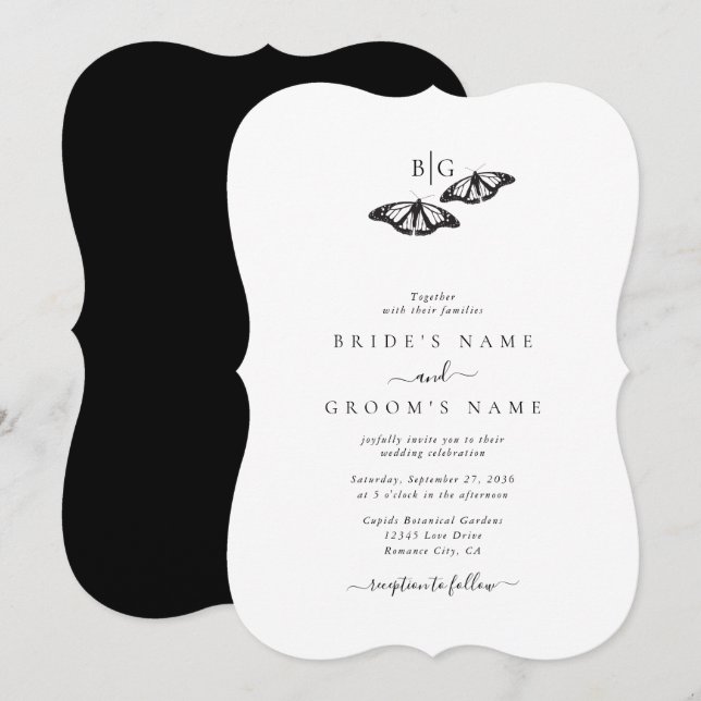 Minimalist Black White Butterfly Monogram Wedding Invitation (Front/Back)