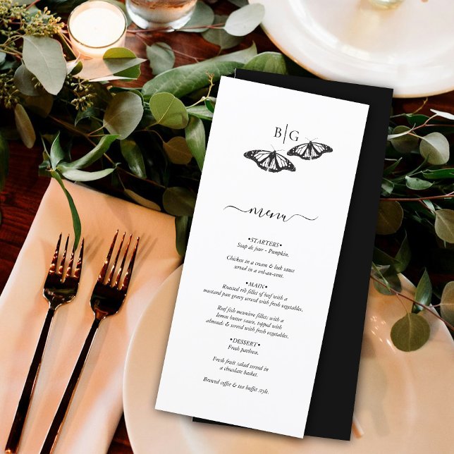 Minimalist Black White Butterfly Monogram Wedding Menu (Minimalist Black White Butterfly Monogram Wedding Menu)