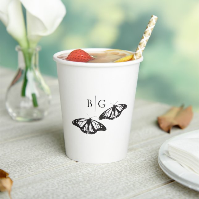 Minimalist Black White Butterfly Monogram Wedding Paper Cups (Insitu)