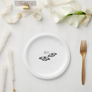 Minimalist Black White Butterfly Monogram Wedding Paper Plates