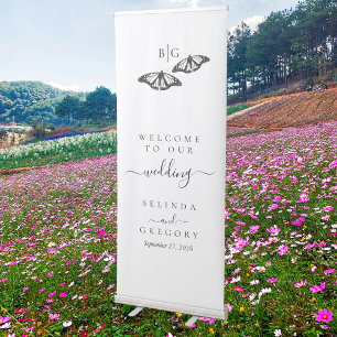 Minimalist Black White Butterfly Monogram Wedding Retractable Banner