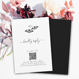 Minimalist Black White Butterfly Monogram Wedding RSVP Card