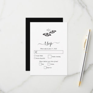 Minimalist Black White Butterfly Monogram Wedding RSVP Card
