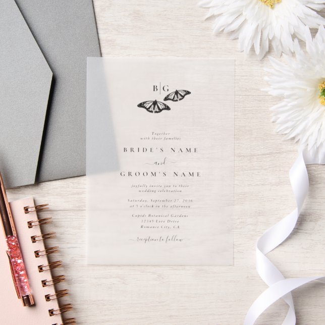 Minimalist Black White Butterfly Monogram Wedding Vellum Invitations (Wedding)