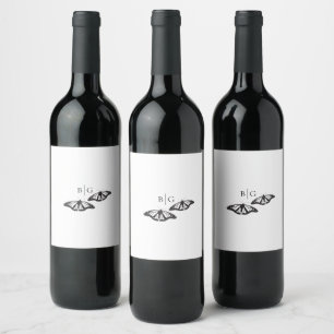 Minimalist Black White Butterfly Monogram Wedding Wine Label