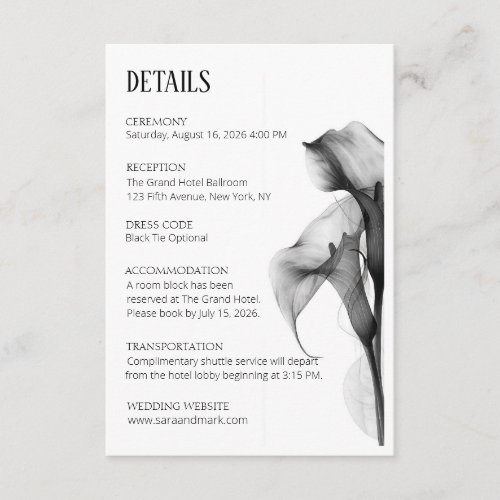 Minimalist Black & White Calla Lily Wedding Detail Enclosure Card