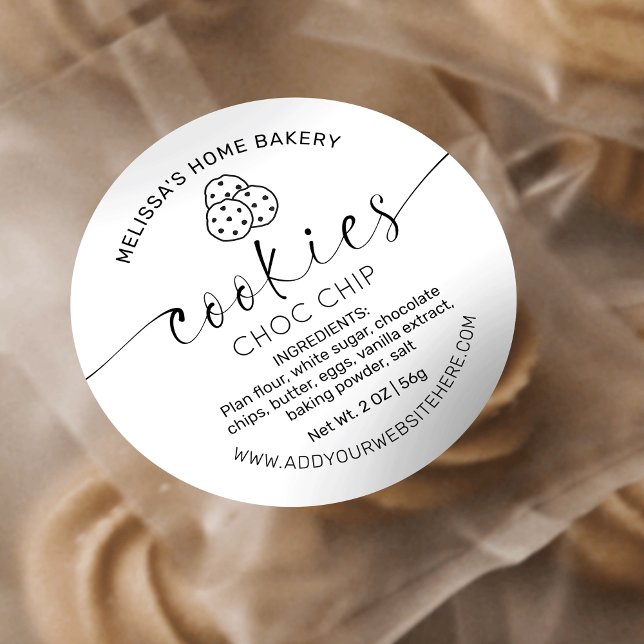Minimalist Black White Calligraphy Cookie Label (Elegant modern sugar cookies label in black and white with cookie icon and stylish script font)