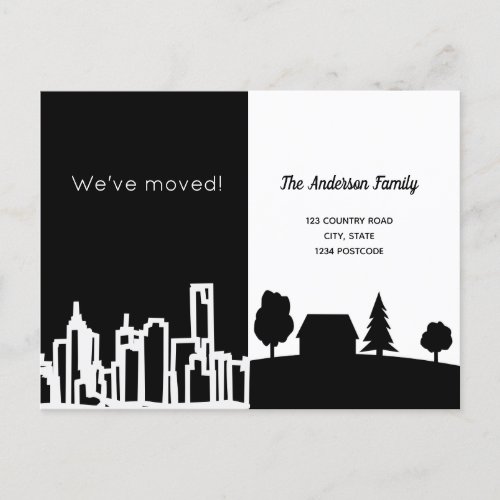 Minimalist black white city country we moved announcement postcard