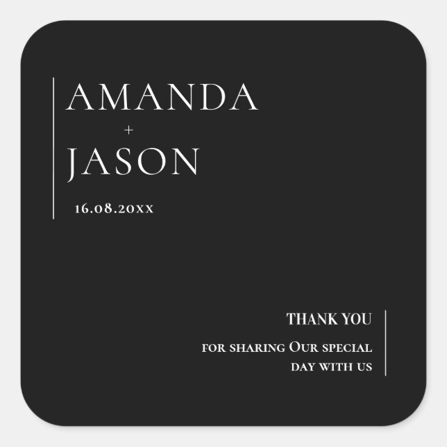 Minimalist Black White Contemporary Wedding Square Sticker (Front)