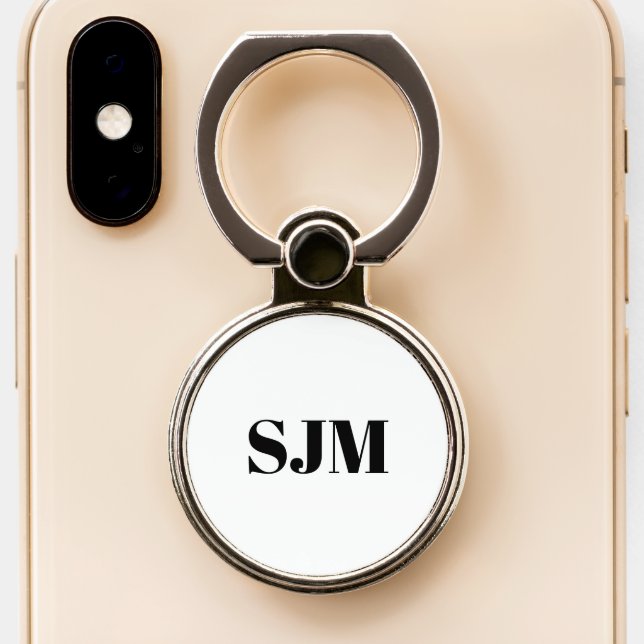 Minimalist black white Custom monogram initials Phone Ring Stand (Close Up)