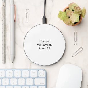 Minimalist black white custom name text phone info wireless charger 