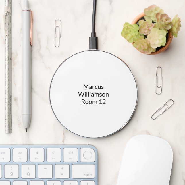 Minimalist black white custom name text phone info wireless charger  (Desk)