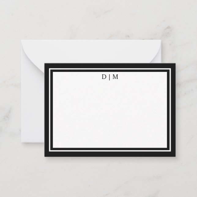 Minimalist Black & White Double Border Monogram  Note Card (Front)
