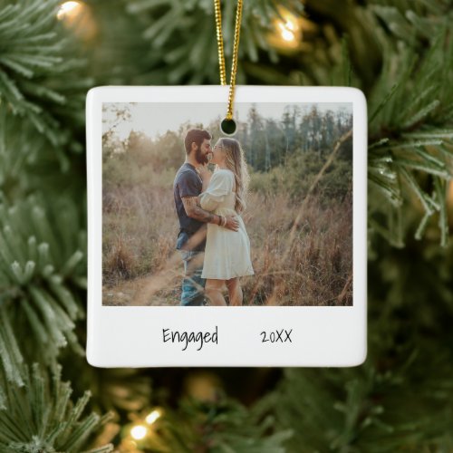 Minimalist Black White Engaged Photo Engagement Ceramic Ornament