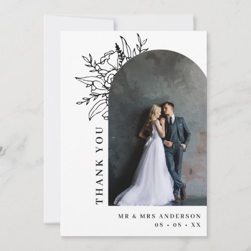 Minimalist Black  White Floral Arch Photo Wedding Thank You Card