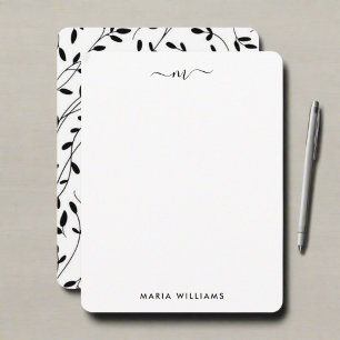 Minimalist Black White Floral Branch Monogrammed Note Card